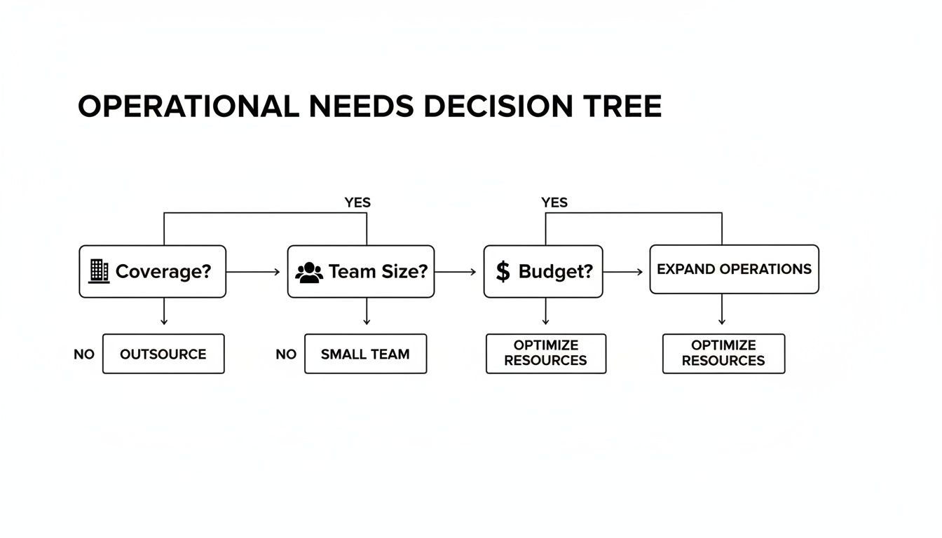 A decision tree flowchart for operational needs, guiding choices based on coverage, team size, and budget.