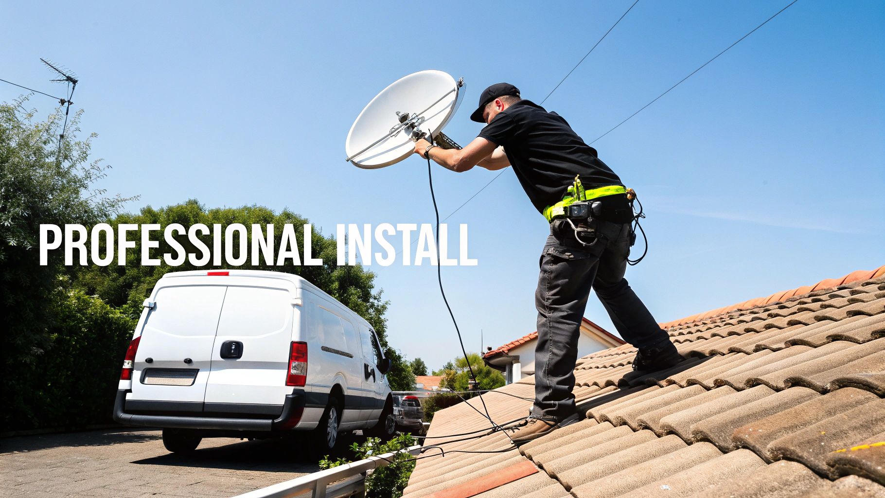 Professional installer on a tiled roof attaching a satellite dish, with a white service van below.