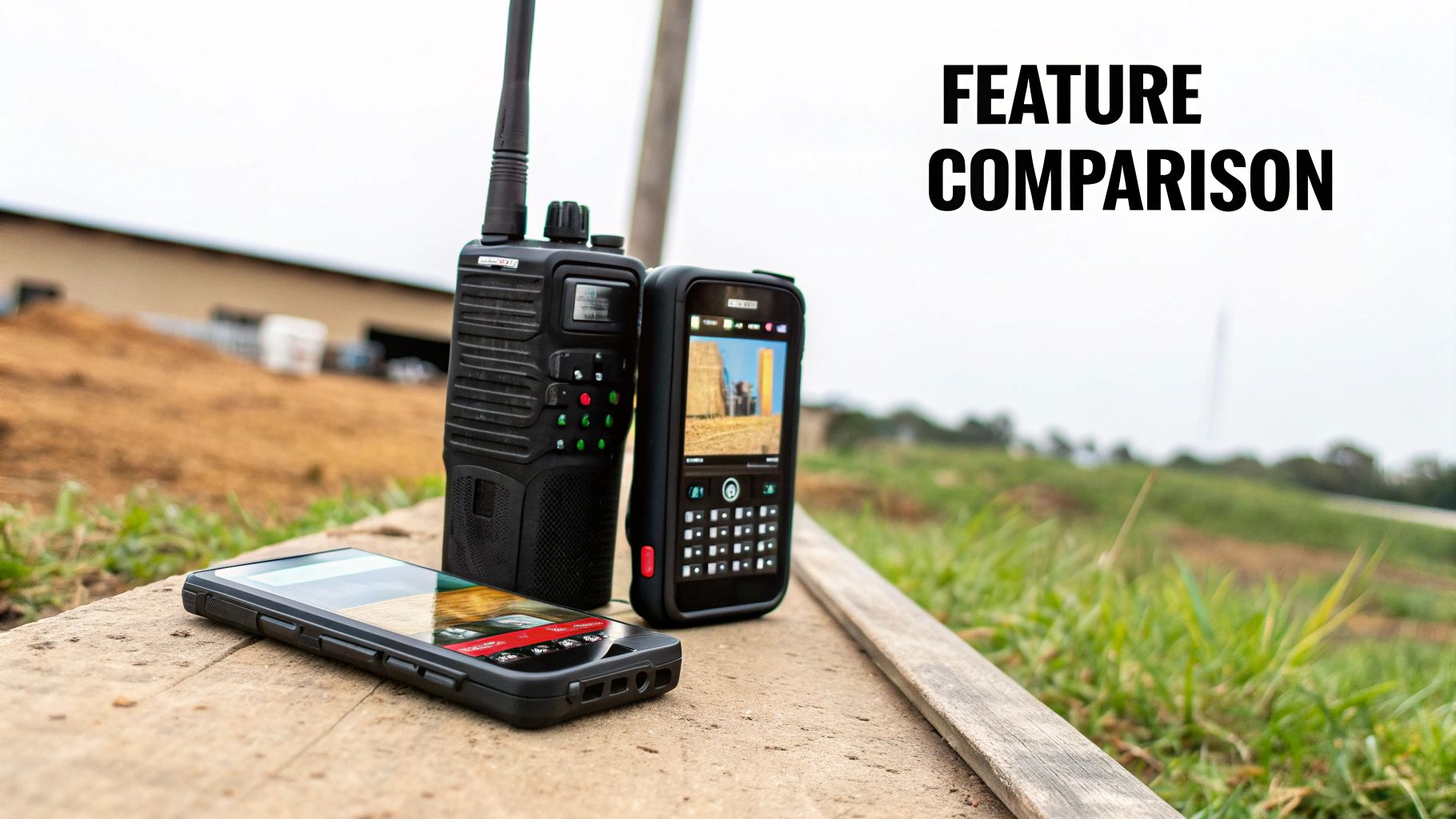 Three rugged communication devices, including a two-way radio and smartphones, on a wooden beam outdoors, comparing features.