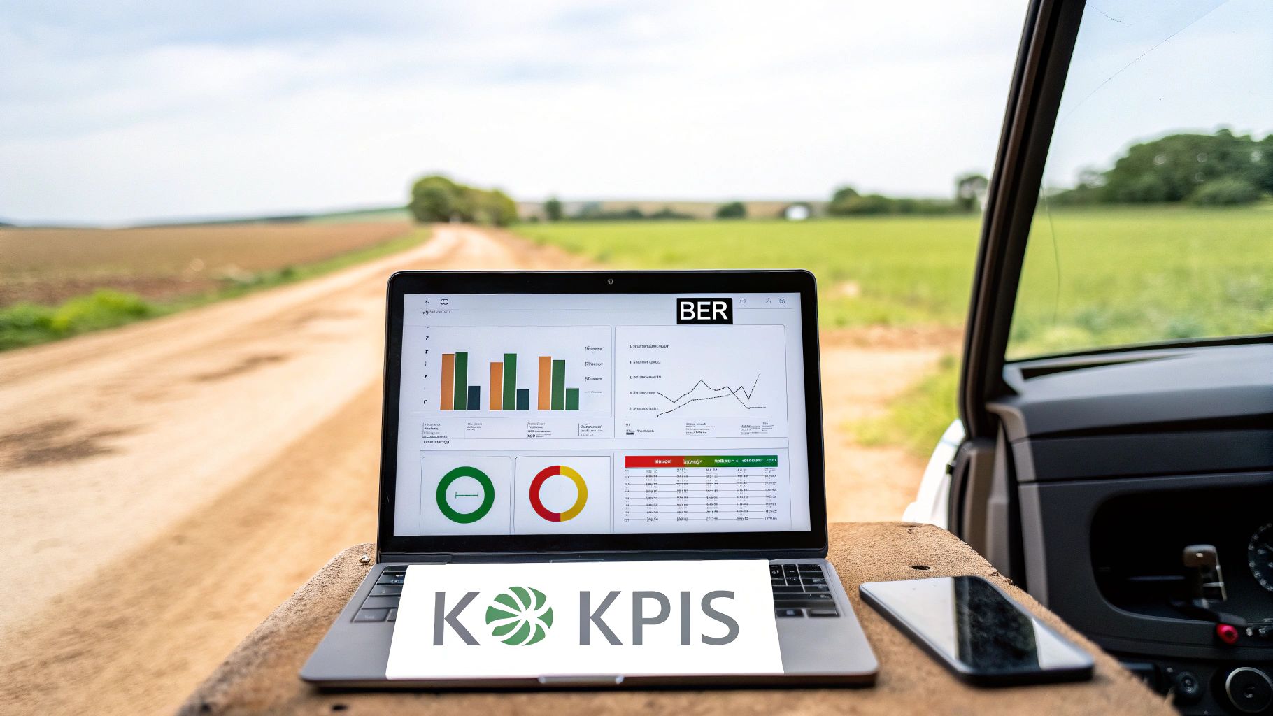 Laptop displaying a performance dashboard with charts outdoors, on a rural dirt road.