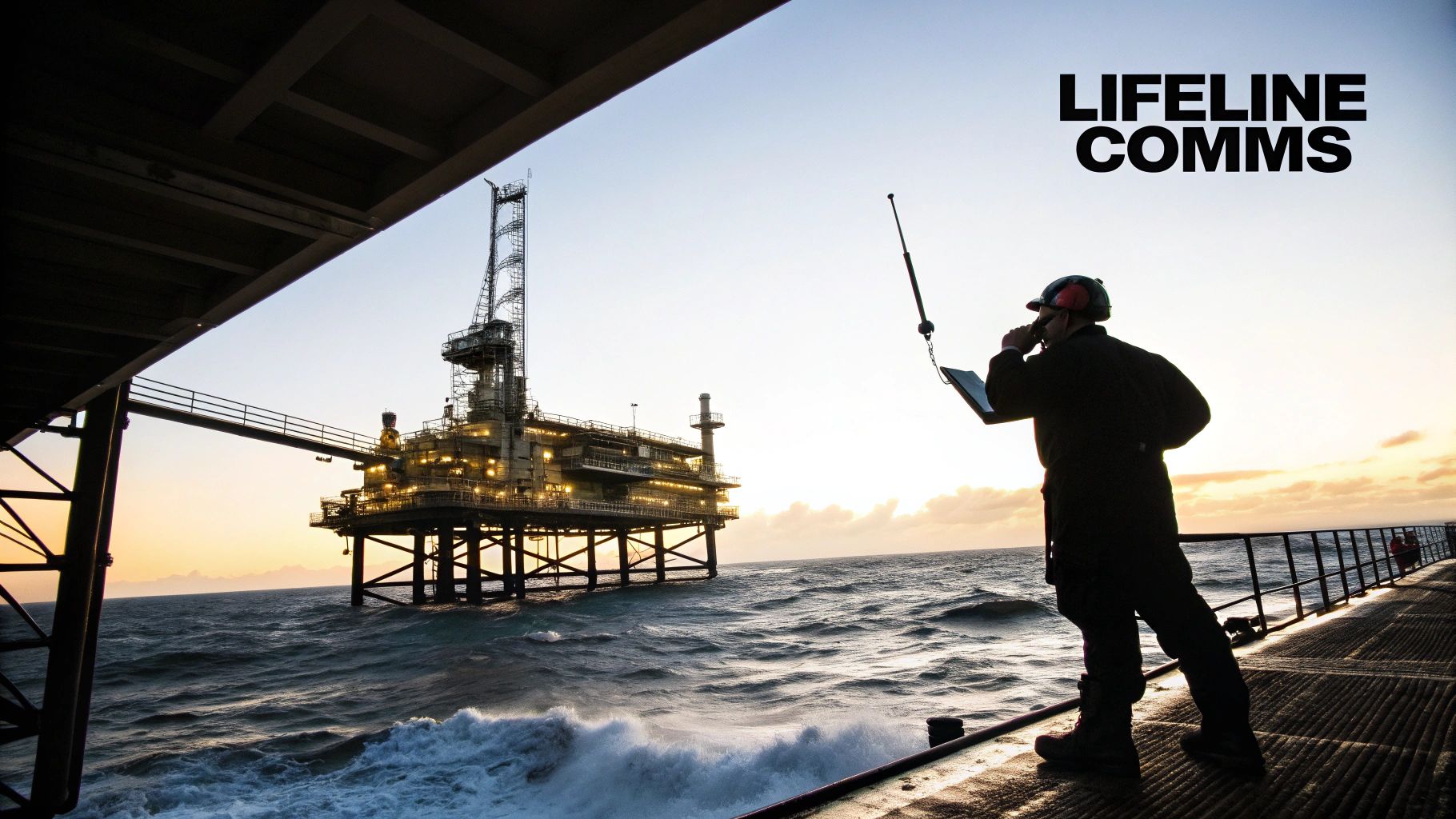 Worker on an offshore platform communicating with a walkie-talkie, an oil rig in the background at sunset.