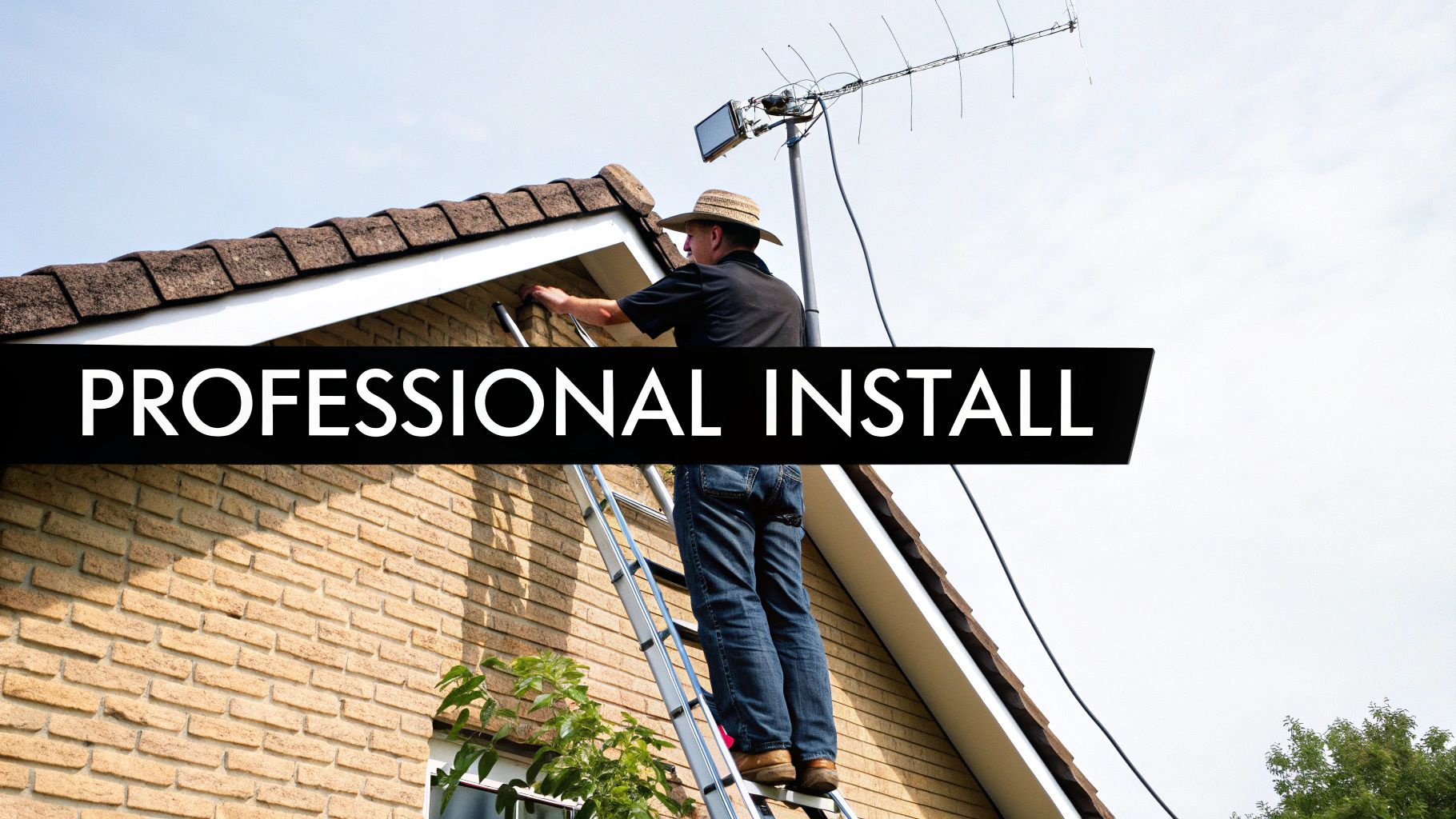 Man on a ladder performing a professional installation near a house roof and antenna.