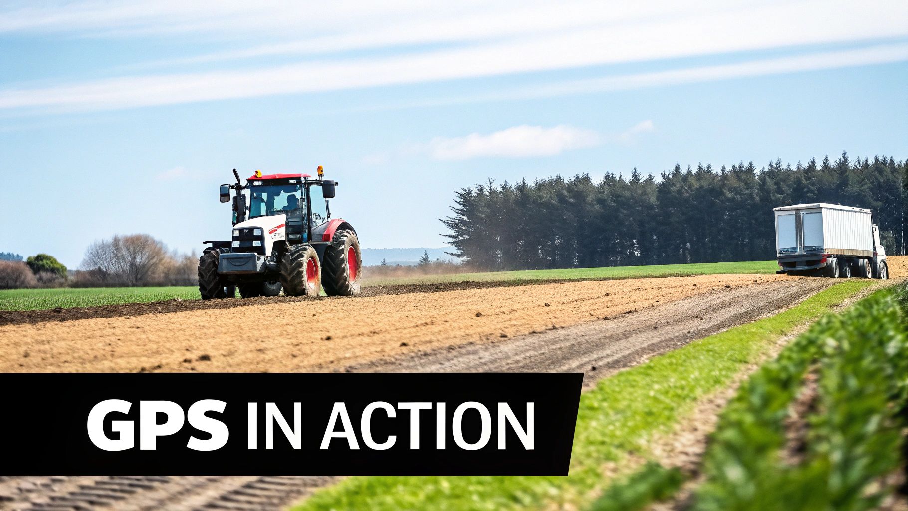 A red and white tractor is working in a field with tilled soil under a blue sky, showcasing GPS in action.