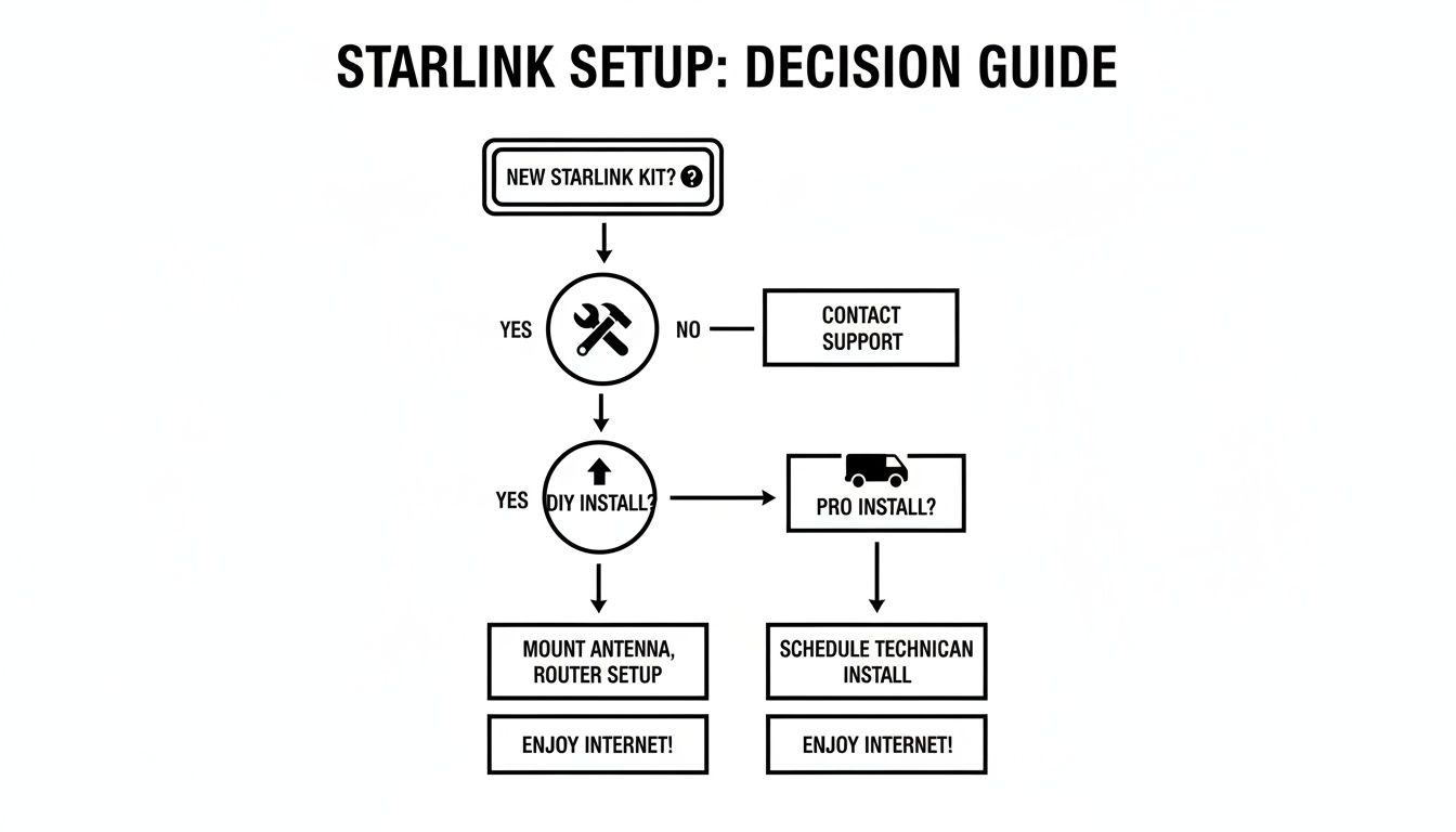 A Starlink setup decision guide flowchart illustrating the process for new kit installation, covering DIY or professional options.