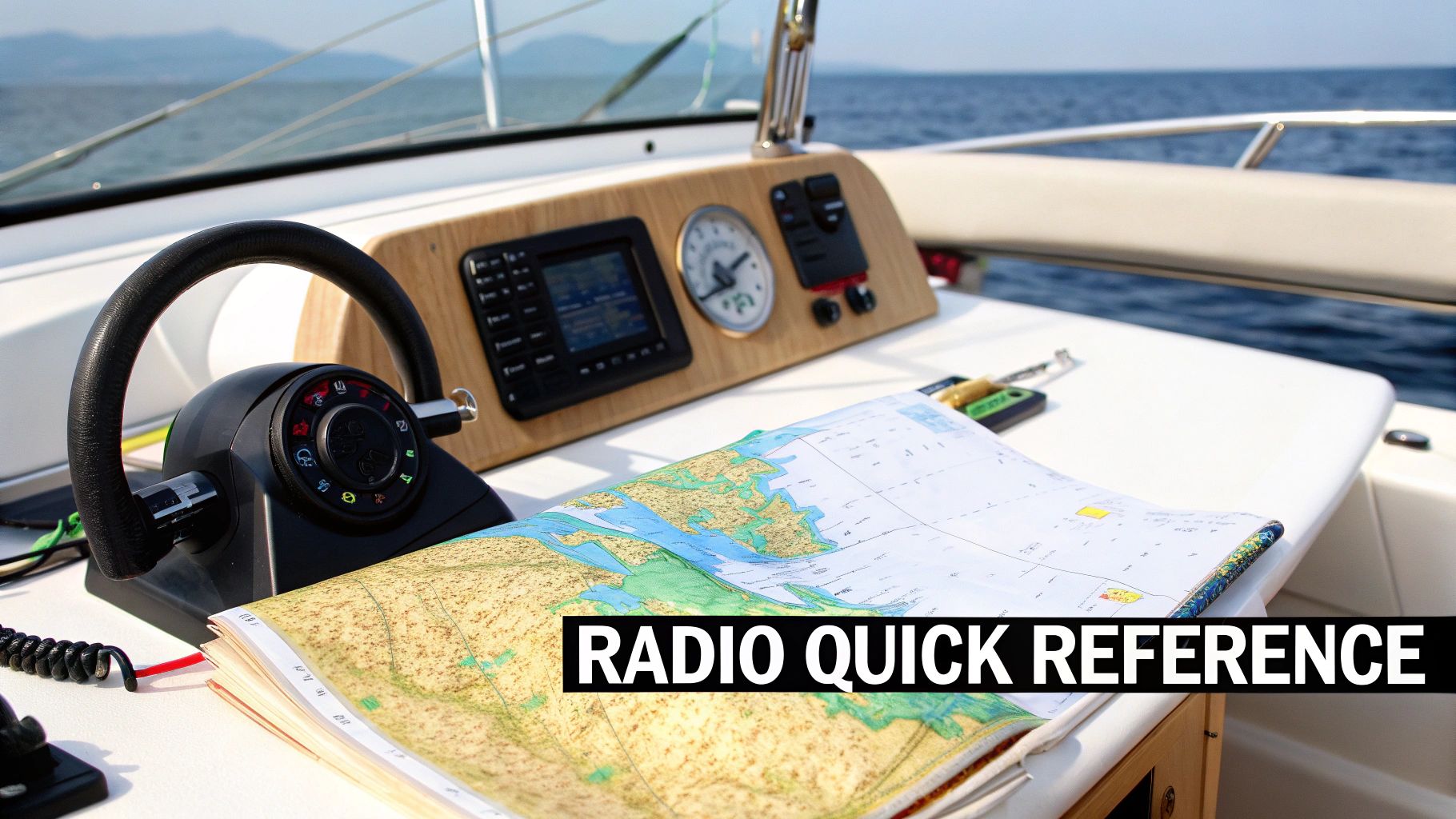A marine radio quick reference guide open on a boat's navigation table with steering wheel and ocean view.