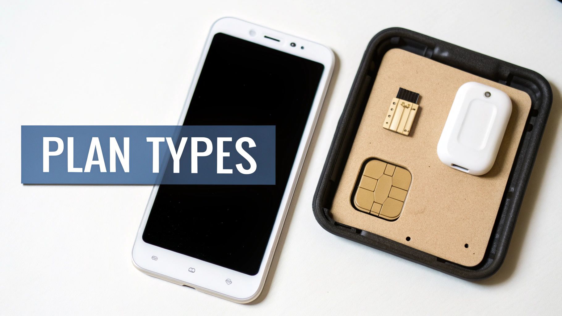 A smartphone, SIM card, and other mobile devices, with a blue banner displaying "PLAN TYPES".