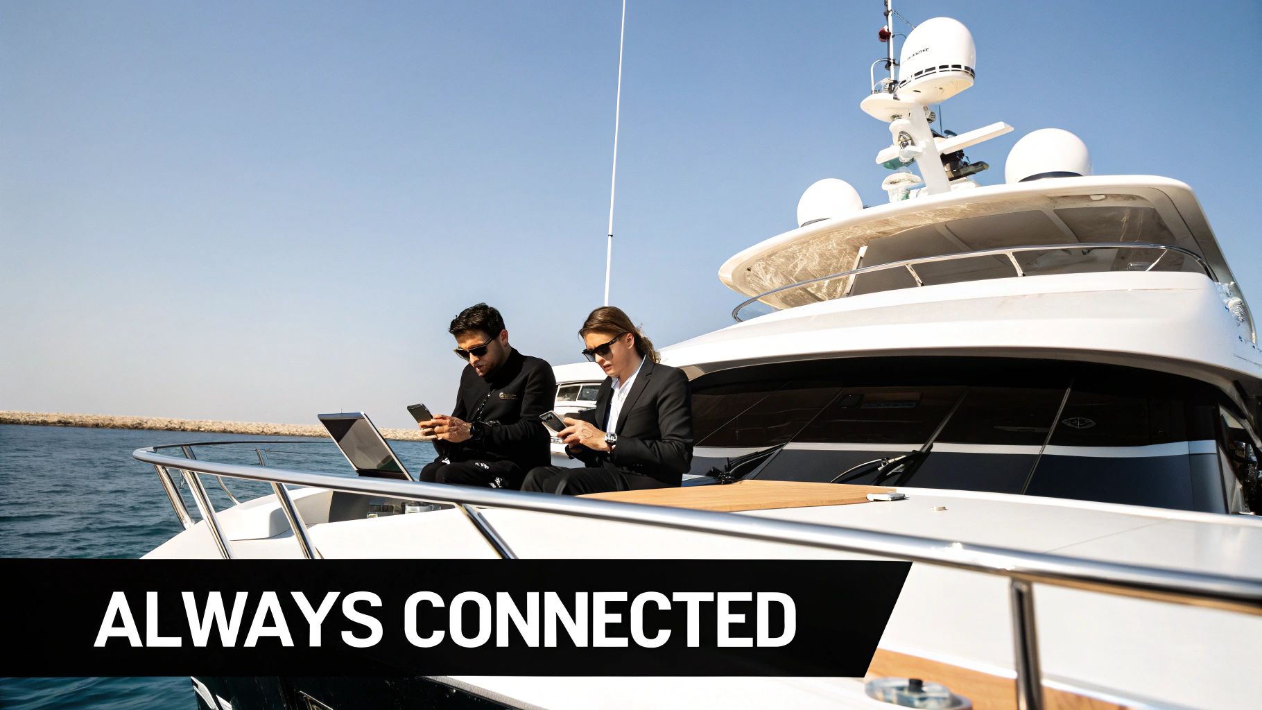 Sailboat with a satellite dish using Starlink for marine connectivity