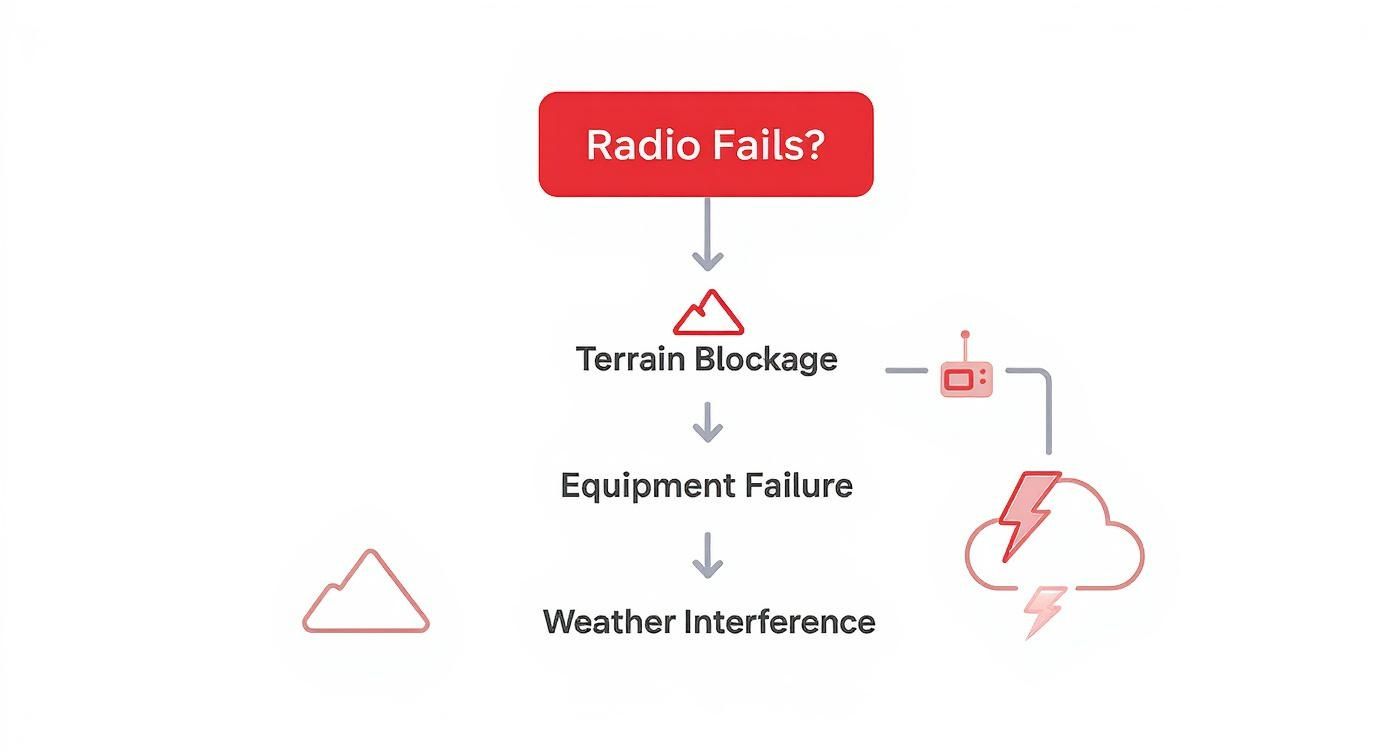 Flowchart illustrating common causes of radio failure, including terrain blockage, equipment malfunction, and weather interference.