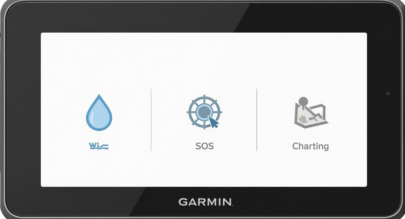 An infographic showing icons for Waterproof, Global SOS, and Charting, key features of the Garmin 86i.