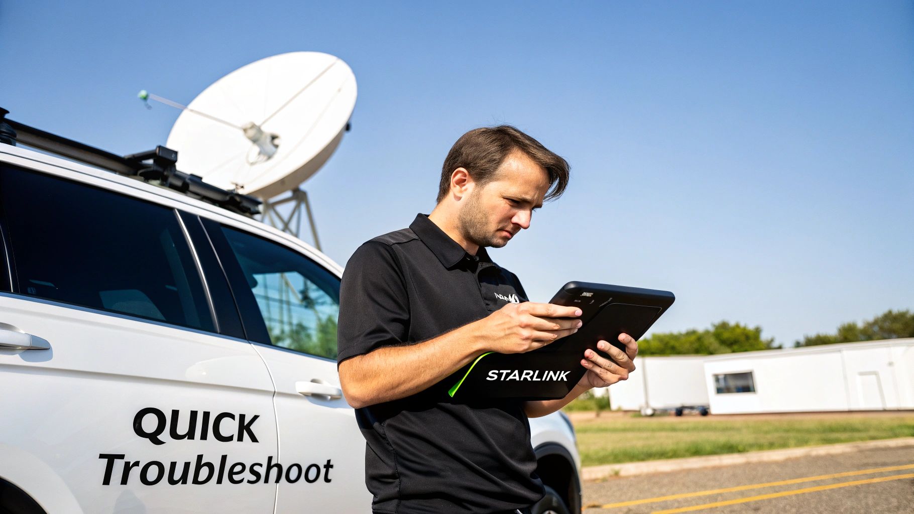 A technician uses a Starlink device next to a satellite-equipped service vehicle for troubleshooting.