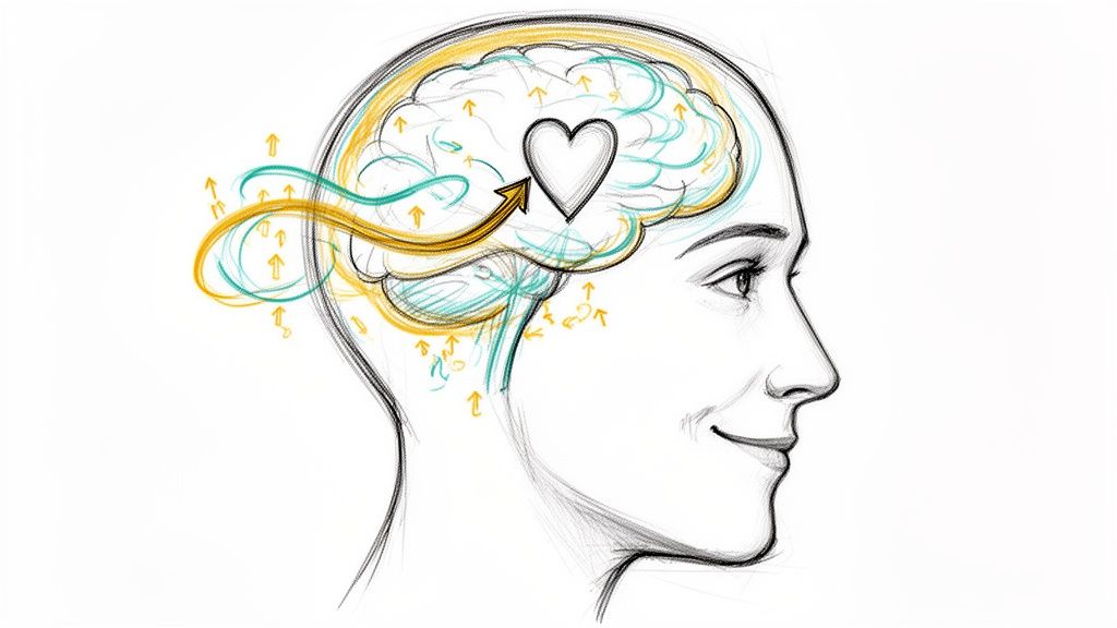 Skizze eines Profilkopfs mit Gehirn, fließenden Linien, Pfeilen und einem Herzsymbol, das Freude und positive Gedanken darstellt.