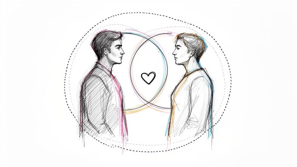 Eine Skizze von zwei Personen, die sich ansehen, umgeben von Kreisen und einem Herz, das Verbundenheit symbolisiert.