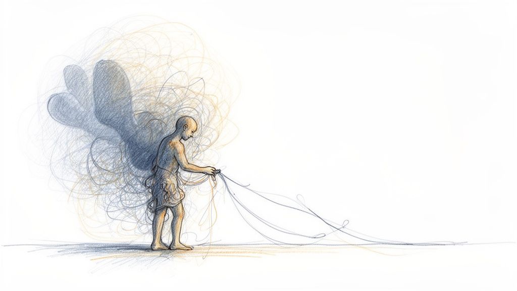 Ein Mann zieht an einem Faden, während sein Körper und seine Gedanken von chaotischen Linien umgeben sind.