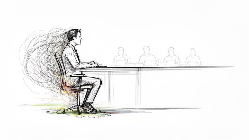 Ein Mann sitzt an einem Tisch, von wirren Linien umgeben, die Stress oder viele Gedanken symbolisieren.