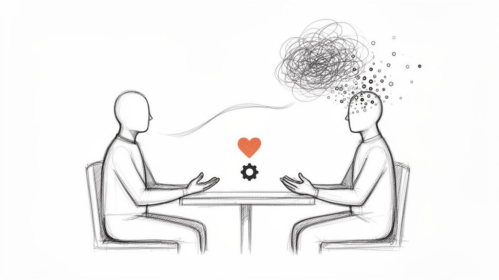 Zwei Personen sitzen sich gegenüber, eine mit wirren Gedanken, die andere bietet Herz und Lösung an.