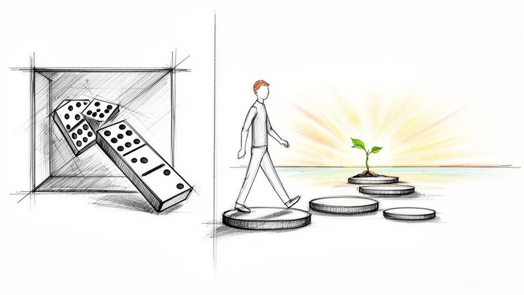 Illustration: Fallende Dominosteine im Kontrast zu einem Mann, der auf Trittsteinen zu einem Keimling unter aufgehender Sonne geht.