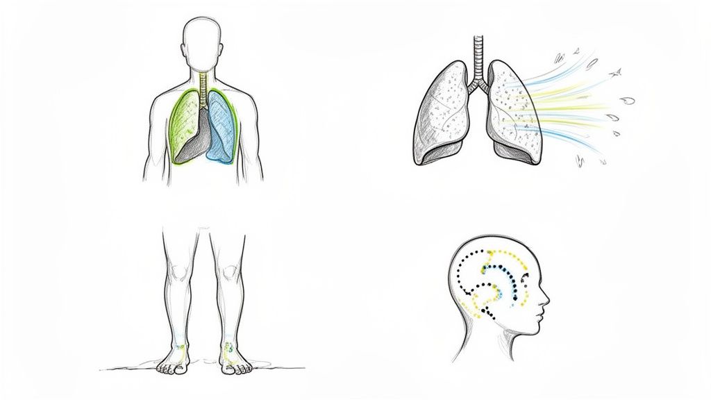 Vier Skizzen zeigen menschliche Anatomie: Lungen, Atemwege, Füße und Kopf mit inneren Prozessen.