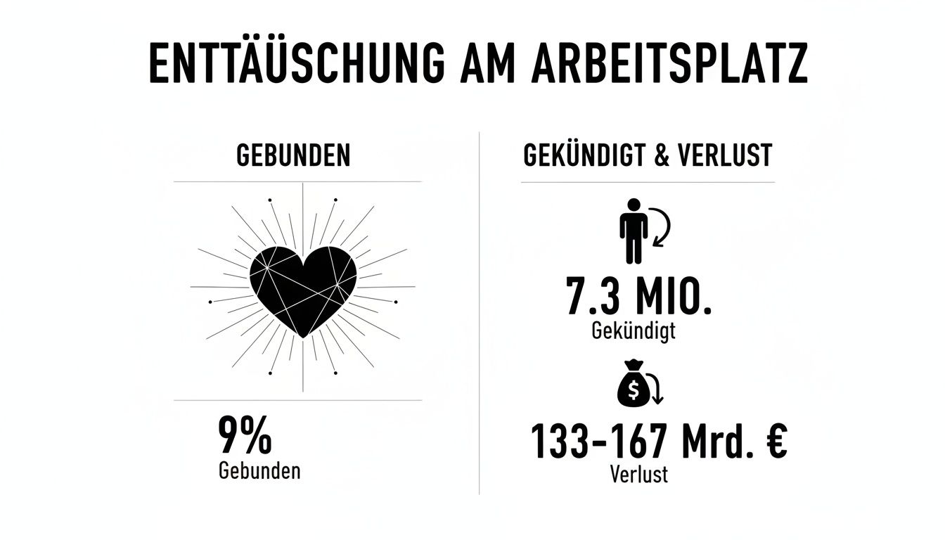 Infografik über Enttäuschung am Arbeitsplatz: 9% Gebundene, 7.3 Mio. Kündigungen und 133-167 Mrd. € Verlust.