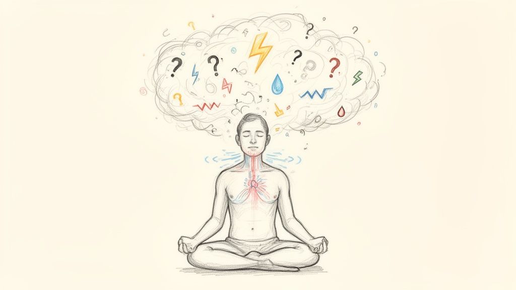 Ein Mann meditiert im Lotussitz; über ihm wolkige Gedanken mit Symbolen wie Blitz und Fragezeichen.