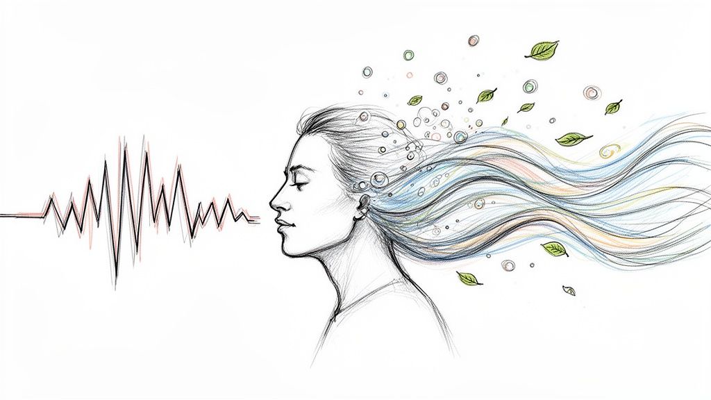 Eine Frau atmet einen Schallwellen-Atemzug aus, ihr Haar weht in Wellen mit Blättern und Bläschen.