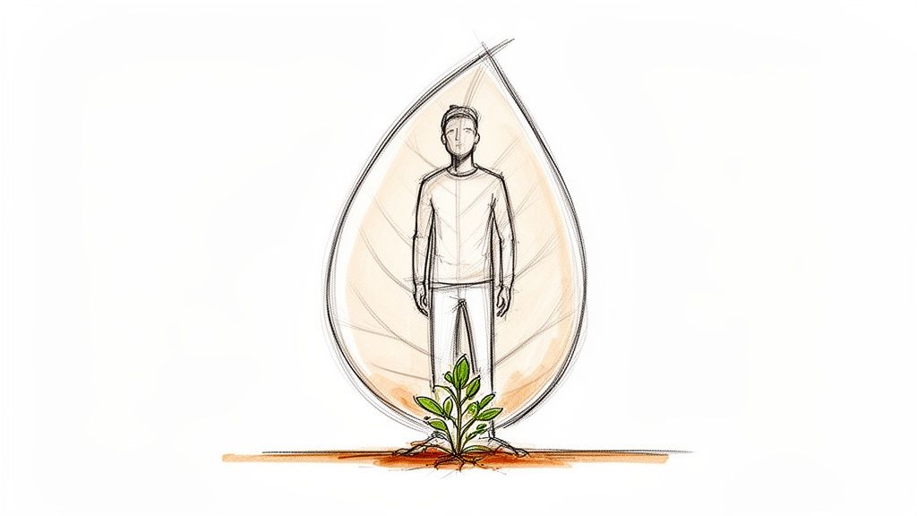 Eine Skizze zeigt eine Person, die von einem schützenden Blatt umgeben ist und aus einer jungen Pflanze wächst.