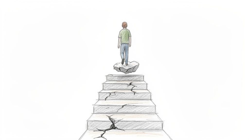 Person schreitet auf schwebendem Stein über rissige Treppenstufen, symbolisch für Herausforderungen.
