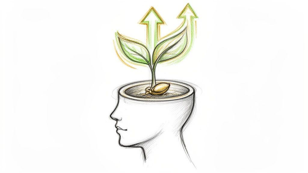 Skizze eines Kopfes, aus dem eine grüne Pflanze mit goldenen Pfeilen für geistiges Wachstum sprießt.