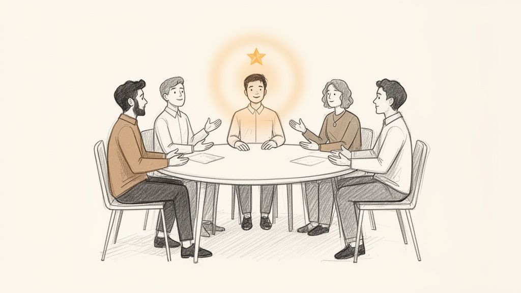 Eine Gruppe von fünf Menschen sitzt an einem runden Tisch, wobei eine Person im Mittelpunkt steht und gewürdigt wird.