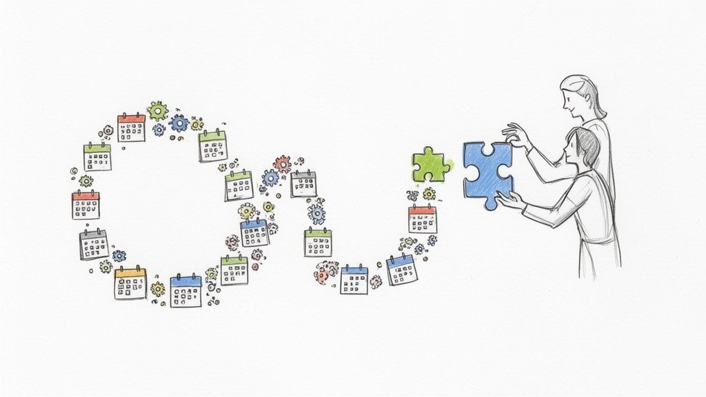 Illustration einer Unendlichkeitsschleife aus Kalendern und Zahnrädern, die zu zwei Personen führt, die ein Puzzleteil zusammensetzen.