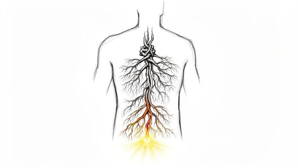 Menschlicher Rücken mit verwurzelter Wirbelsäule, die eine leuchtende Energiequelle am unteren Ende zeigt.