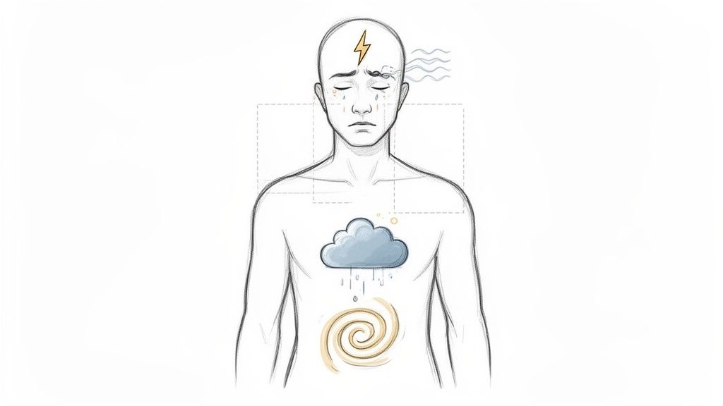 Skizze eines Menschen mit emotionalen und körperlichen Symptomen wie Kopfschmerzen, Tränen und Schweregefühl.