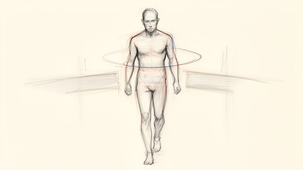 Bleistiftskizze eines gehenden Mannes mit abstrakten Linien und einem roten, blauen Kreis um seine Hüfte auf hellem Hintergrund.