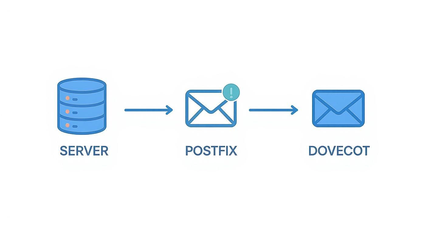 Email server workflow diagram showing data flow from server through Postfix to Dovecot