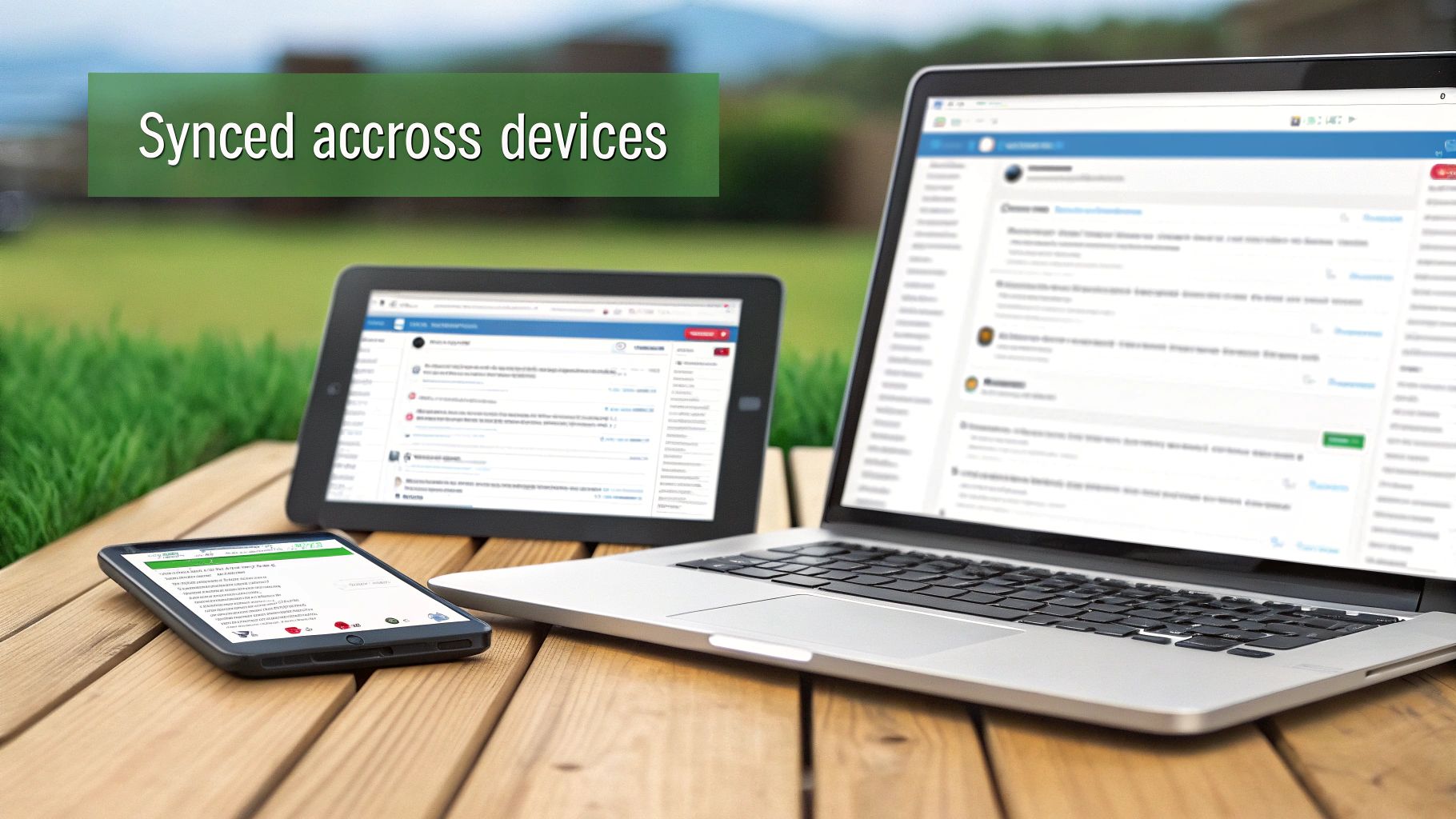 A smartphone, tablet, and laptop all displaying the same email inbox, illustrating IMAP's synchronization capabilities.