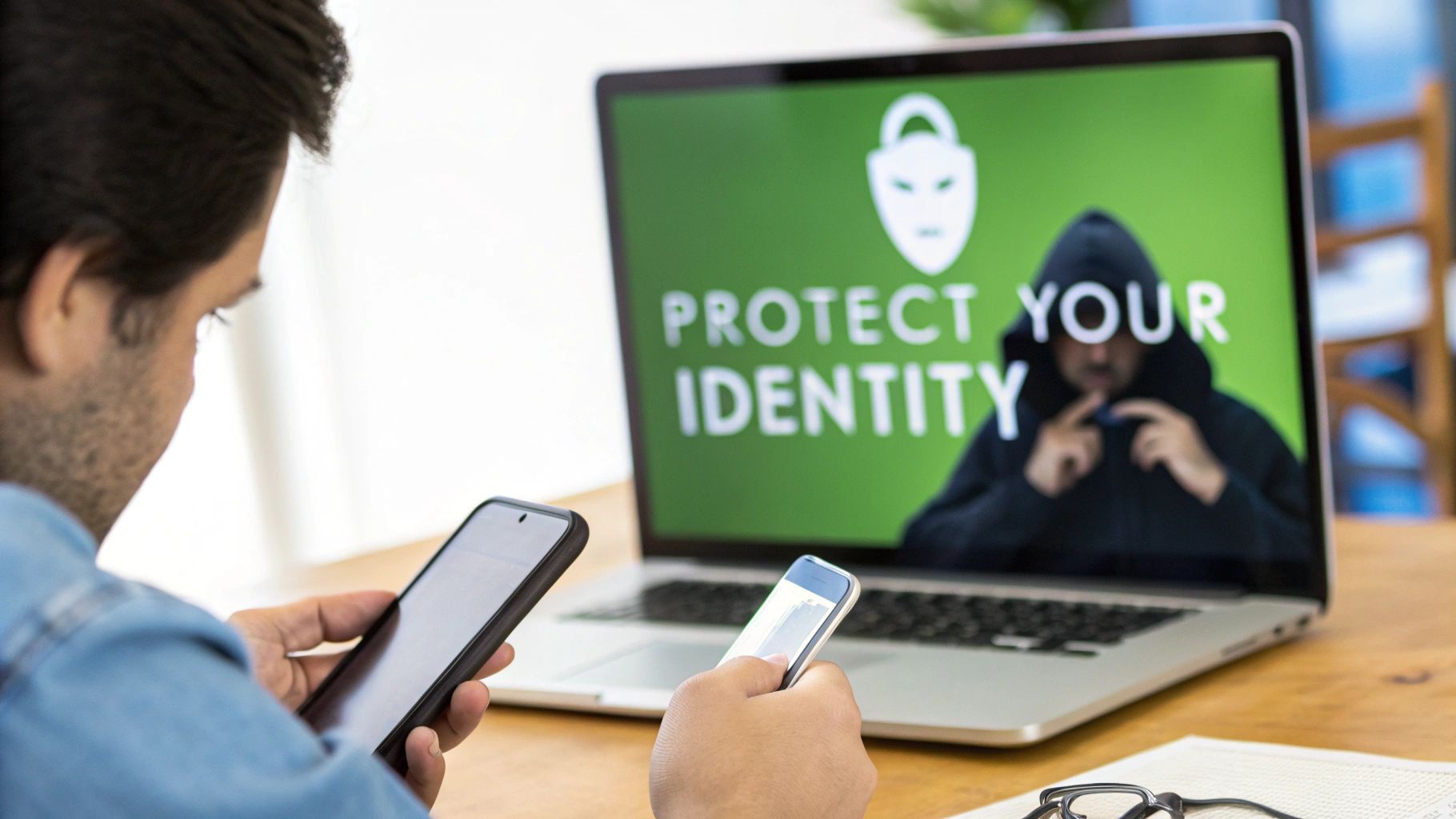 A person holds two smartphones, looking at a laptop displaying 'Protect Your Identity' with a masked figure.