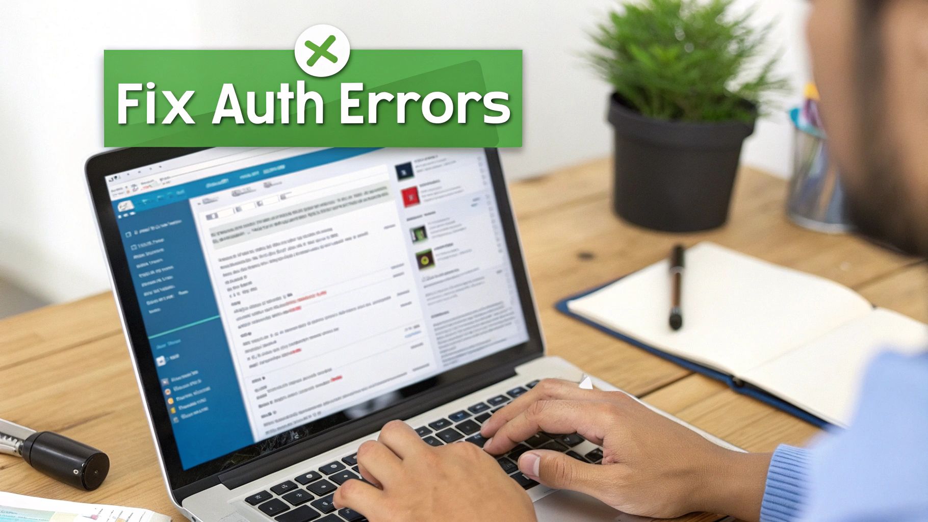 A person types on a laptop, with a green banner overlay displaying 'Fix Auth Errors'.