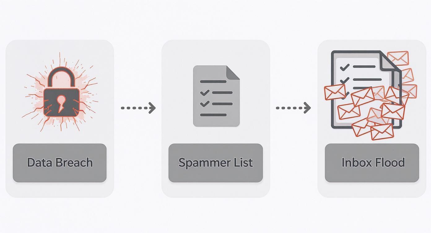 Diagram illustrating how a data breach leads to a spammer list and an inbox flood.