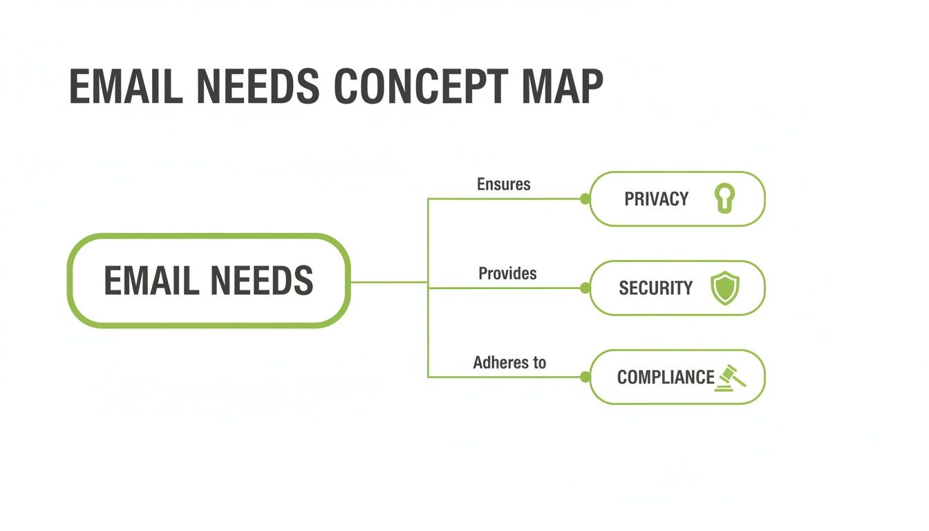 A concept map illustrating email needs, broken down into privacy, security, and compliance.