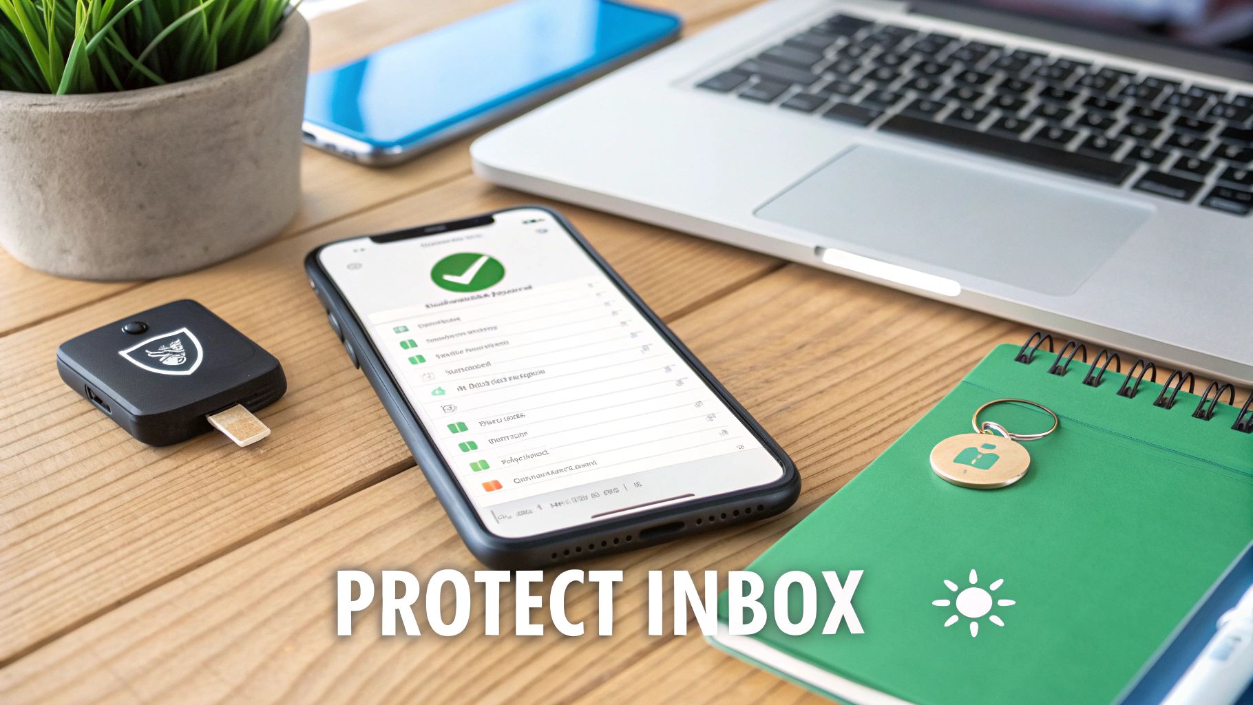 A person's hands typing on a laptop with a checklist icon floating above, symbolizing good email privacy habits.