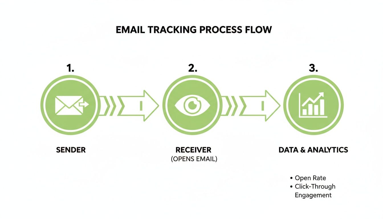 A diagram illustrating the email tracking process flow with steps from sender to analytics.