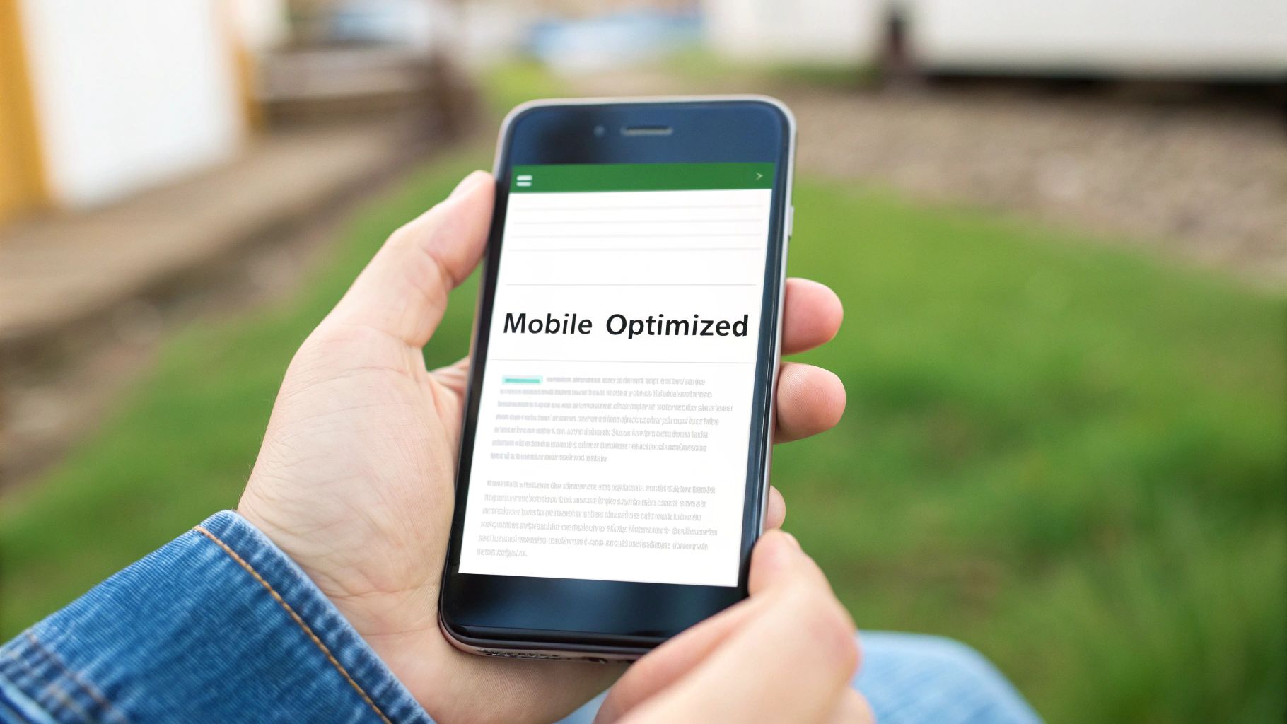 A person holds a smartphone displaying a webpage titled 'Mobile Optimized' with text, outdoors.