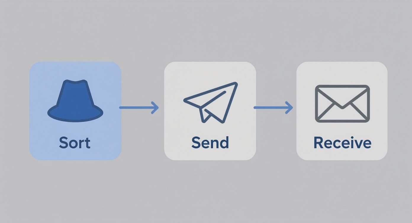 Email workflow diagram showing three stages: sort messages, send communications, and receive incoming mail