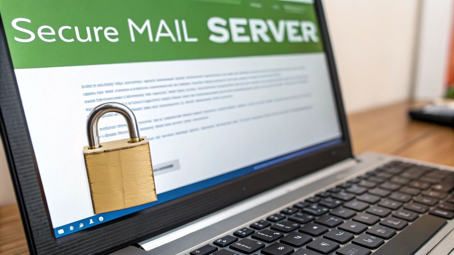 Padlock in front of laptop screen displaying secure mail server configuration interface