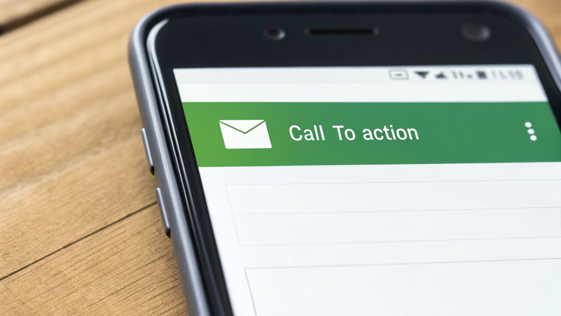 Close-up of a smartphone displaying an email with a 'Call To action' message on a wooden table.