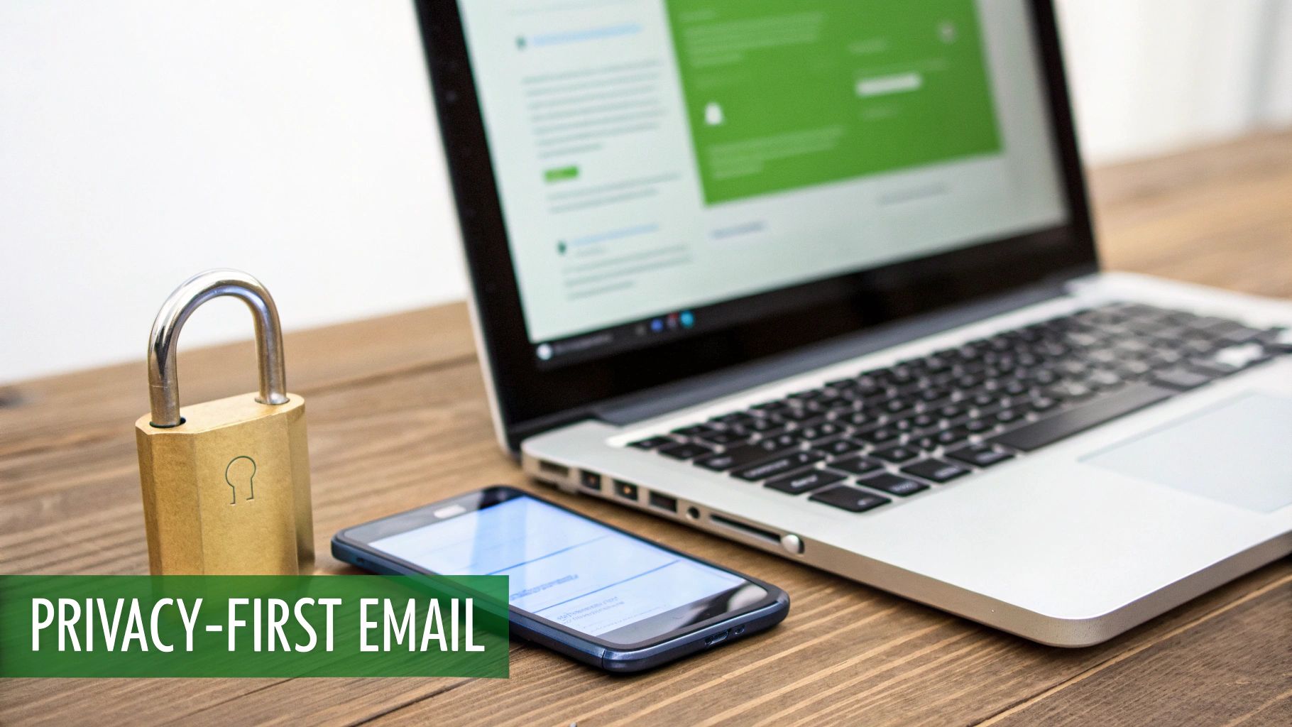 A golden padlock, smartphone, and laptop on a wooden desk with a "PRIVACY-FIRST EMAIL" banner.