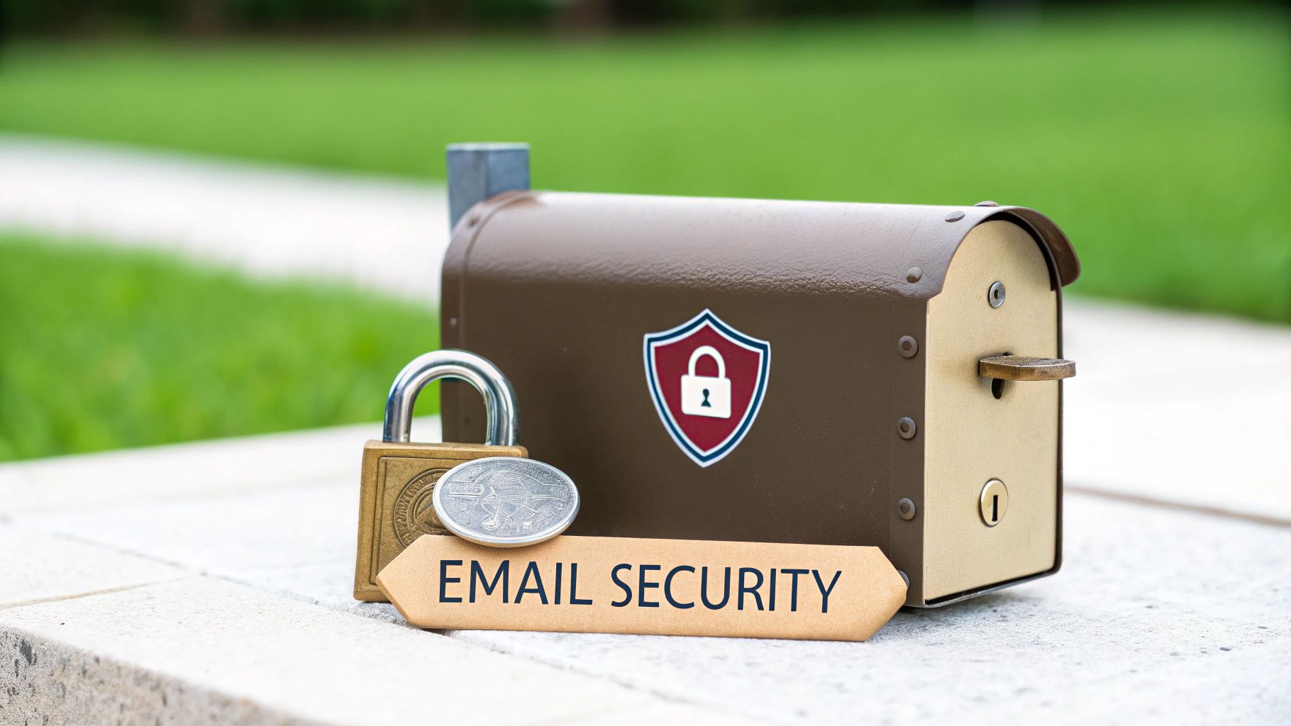Brown mailbox with security shield icon, padlock and email security sign representing protected email hosting