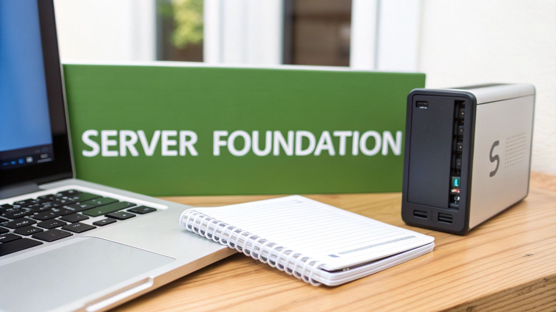 Server foundation book on desk with laptop and network storage device for email hosting