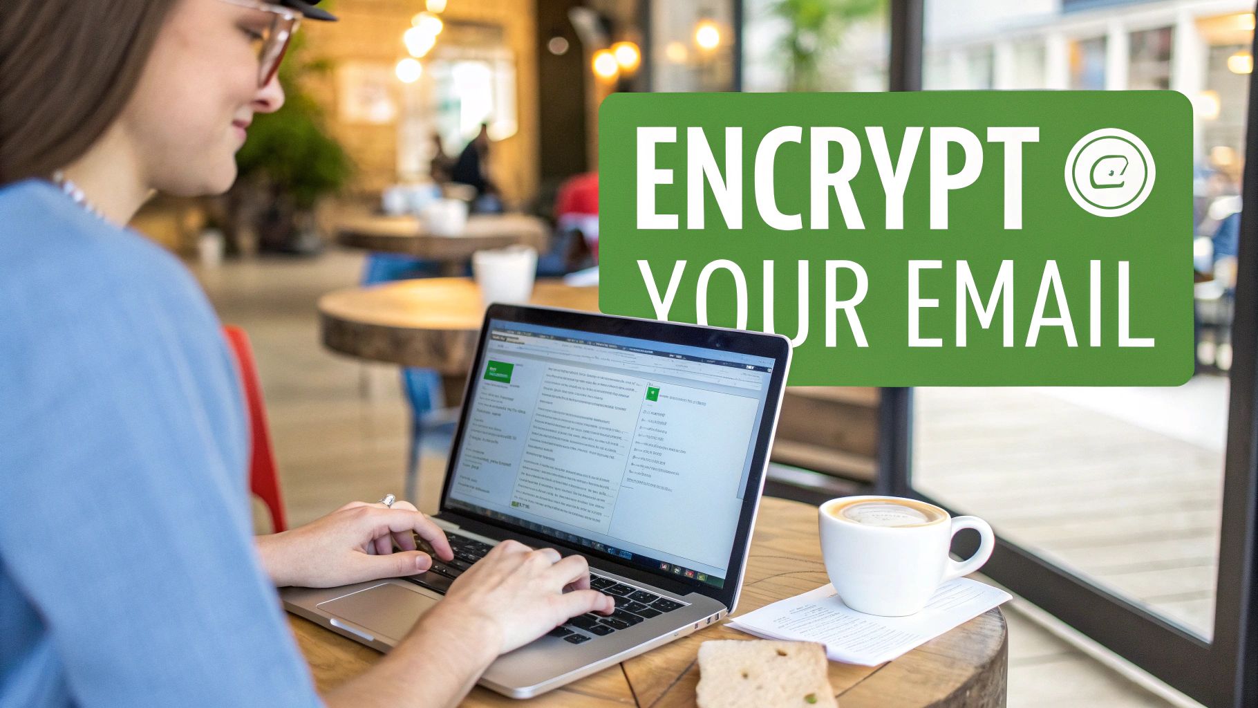 A person types on a laptop in a cafe, with a large 'ENCRYPT YOUR EMAIL' sign.