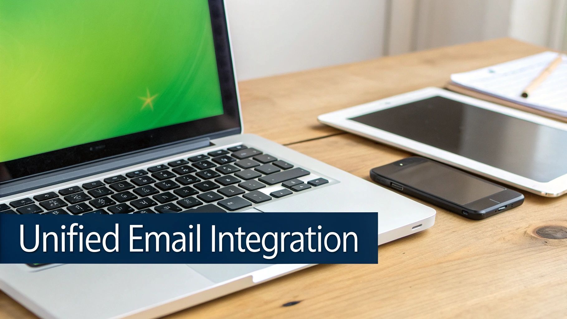 Laptop, smartphone, and tablet on a wooden desk with a blue banner displaying 'Unified Email Integration'.