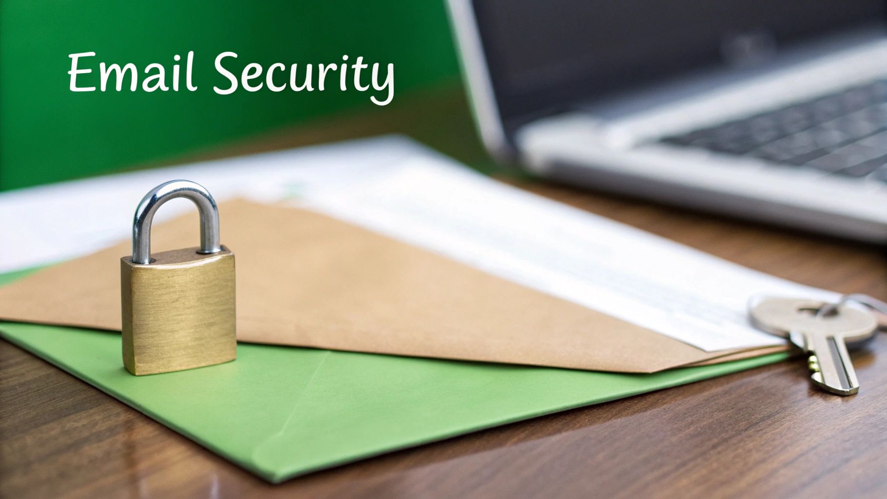 Gold padlock on envelope next to laptop keyboard representing email security and encrypted communication